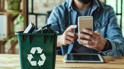 A man holds a phone near a green recycling bin in an office setting, signifying the importance of sustainable practices and careful disposal of electronics.