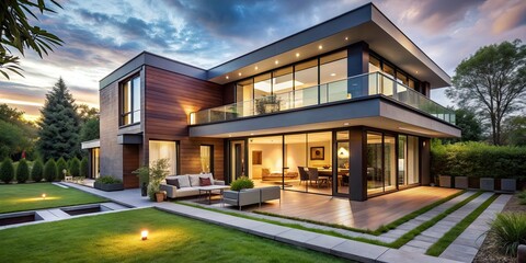 Fototapeta premium Beautiful modern house with spacious backyard and large windows, luxury, home, exterior, architecture, design