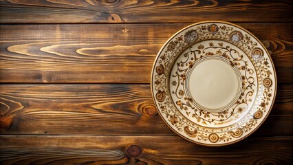 An intricately designed music plate with classical motifs on a wooden table, classical, music, plate, elegant, intricate