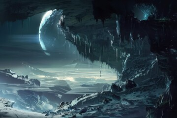 Alien Ice Cave Landscape with Distant Planet and Stars