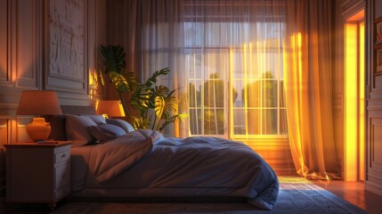 Cozy Bedroom with Golden Sunset Light.