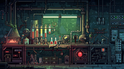 Fototapeta premium A dieselpunk laboratory with experimental machines and test tubes , pixel art, game assets