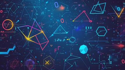 This image illustrates a dynamic assortment of geometric shapes, numbers, and letters on a dark background with neon colors, representing modern technology and data visualization.