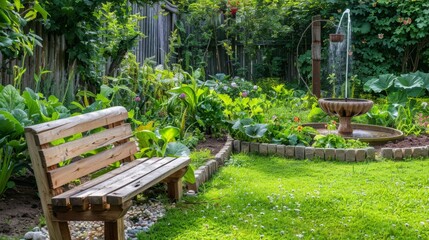 Tranquil Garden Scene with Wooden Bench and Fountain.