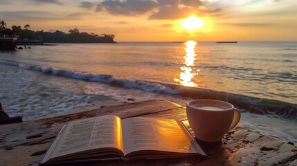 Coffee drink ,Sunset at the beach with orange and red hues reflecting on the ocean waves under a partly cloudy sky, Ai generate