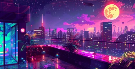 A rooftop with a panoramic view of a neon-lit city , pixel art, game assets