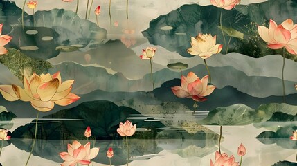 Serene Diwali Lotus Blossoms Reflected in Glassy Pond Amid Lush Hillside Landscape