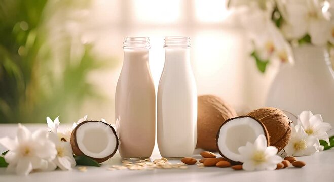 Two bottles of plant-based milk, one almond and one coconut, surrounded by coconuts, almonds, and white flowers, placed on a light-colored surface with a soft, natural background.