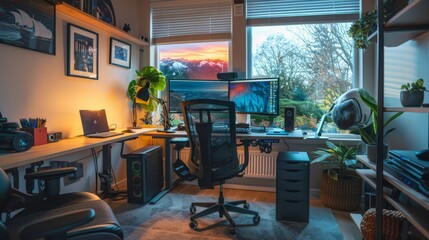 Fototapeta premium Modern Home Office Setup with Mountain View.