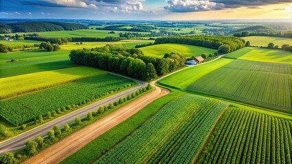Obraz premium Aerial view of a lush green corn field in the countryside, corn, field, agriculture, farm, rural, landscape, drone, aerial view