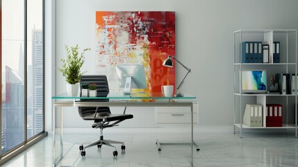 Modern Office Interior with Glass Desk and City View.