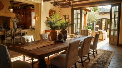 Obraz premium Rustic Farmhouse Dining Room With Sunbeams.