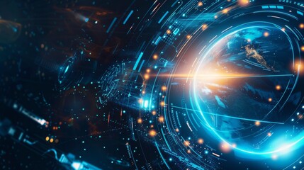 Obraz premium Futuristic backdrop with shades of blue and black. Abstract design with a sunrise. Rockets and satellites circling Earth. Glowing energy beams with moving particles. Science and technology.