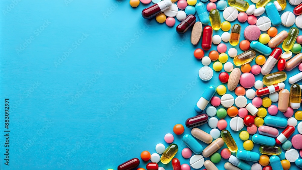 Sticker Assorted pills scattered on blue background, representing varied medications, pills, medication