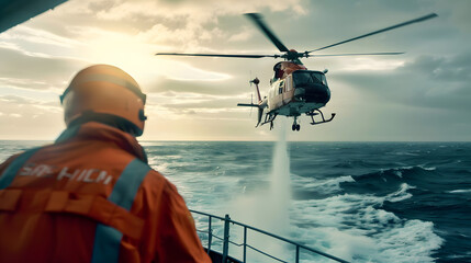 Coast Guard rescuer lands helicopter on ship at sea for daring rescue. Concept Coast Guard, Helicopter, Rescue Mission, Ship at Sea, Daring Rescue