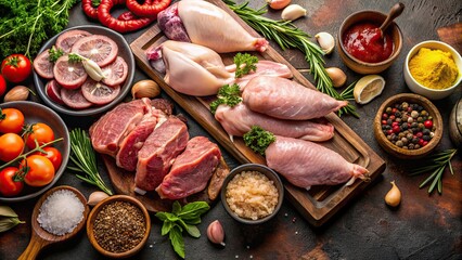 Assortment of fresh meats and poultry ready for cooking, barbecue, beef, butcher, chicken, cook, cuts, delicious, food, fresh