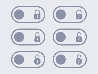 neumorphic lock and unlock slide buttons set illustration. User web interface elements with shadow in Neumorphism minimal elegant design, open and closed padlock on sliders of website menu