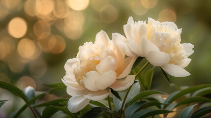 Fototapeta premium Large, full white peonies with creamy and light pink undertone