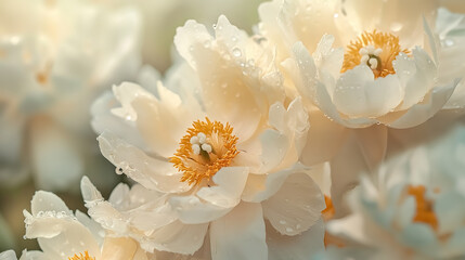 Detailed close-up of fluffy white peonies, each bloom featuring intricate layers of soft petals with subtle pink and cream hues.