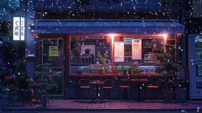 Glowing interior of a cozy cafe at night with warm ambiance
 Seamless looping 4k time-lapse virtual video animation Generated AI