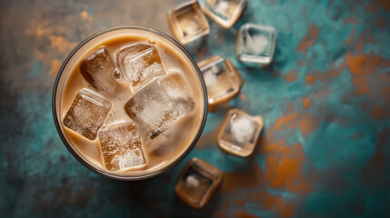 A latte with ice cubes seen from above, contrasting the warm beige hues of the coffee