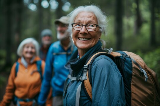 health and wellness of senior group in their 70s in leisurely hike together, park trails and nature, promoting benefits of regular physical activity for seniors, healthy lifestyle for elderly friends