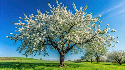 Fototapeta premium Apple tree in full blossom against a clear blue sky on a sunny spring day, apple tree, blossom, spring, sunny, day, flowers