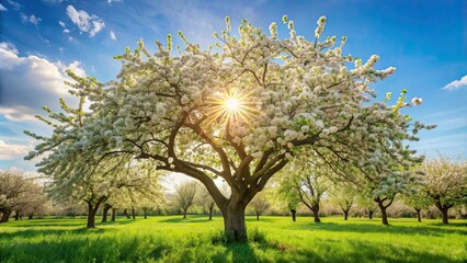Obraz premium Apple tree in full bloom on a sunny spring day, nature, flowers, spring, blooming, sunlight, sunny, orchard, fruit, trees, beauty, growth