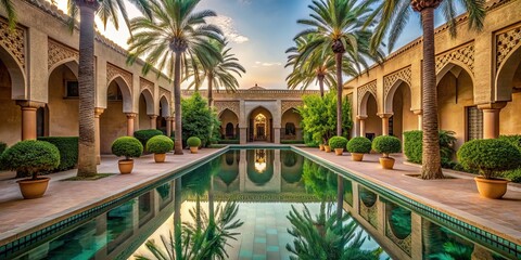 Arabic courtyard with serene reflection pool surrounded by lush palm trees, Arabic, courtyard, reflection pool