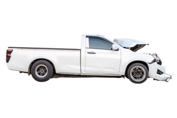 Car crash, Side view of white pickup car get hard damaged by accident on the road. damaged cars after collision. isolated on transparent background, PNG File
