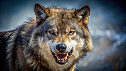Fototapeta premium Angry fierce wolf baring teeth aggressively, wolf, predator, animal, angry, aggression, teeth, fierce, wildlife, danger, scary