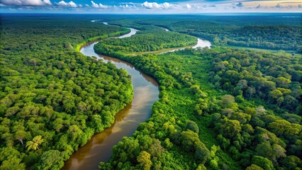 Aerial view of the lush Amazonas jungle landscape with a winding river bend, Amazonas, jungle, landscape, aerial view, river