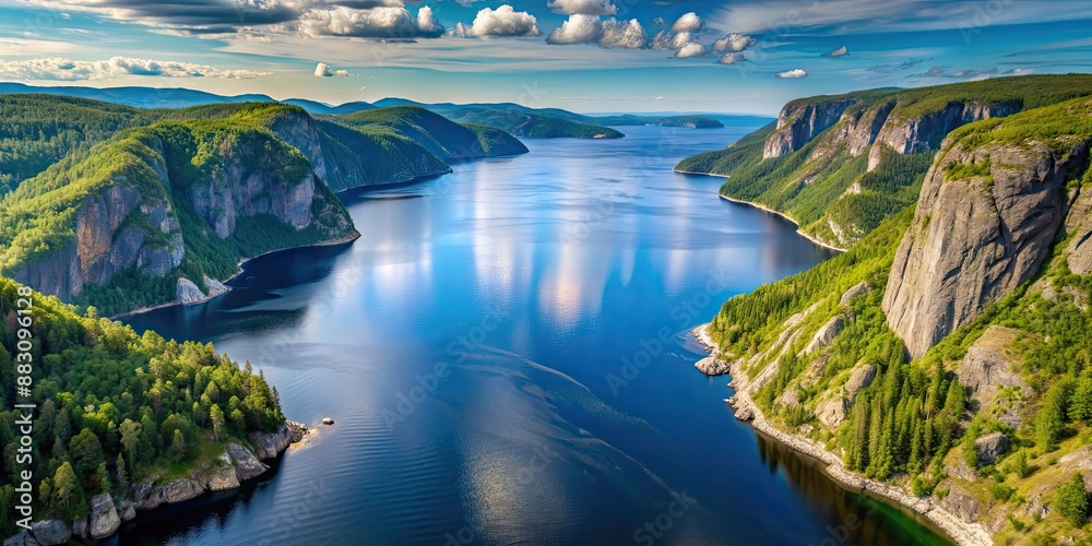 Wall mural Aerial view of the stunning Saguenay Fjord in Quebec, showcasing dramatic cliffs and deep blue waters, Quebec