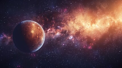 A stunning visual of a distant planet set against the captivating backdrop of a glowing nebula and...