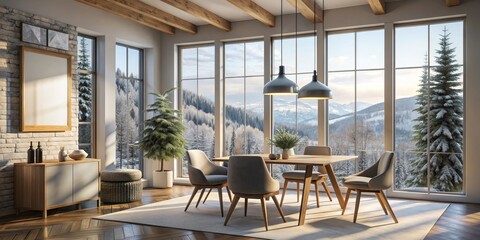 Obraz premium Empty poster on wall in cozy winter cottage interior with chairs, lamps, and snowy window view, 3D rendering