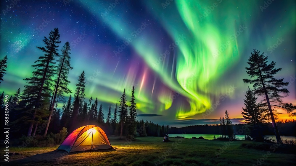 Poster Beautiful aurora over a camping site in the wilderness, aurora, camping, wilderness, night sky, stars, tent, adventure