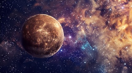 A highly detailed image of a celestial planet amidst a vibrant and beautiful cosmic background, illuminating the planet’s surface and stellar environment.