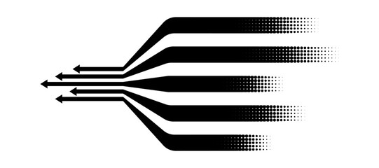 Black on white perspective line stripes arrow with 3d dimensional effect isolated on white