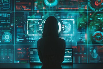 person silhouette monitoring network activity cybersecurity interfaces or command center blue neon colors, vigilance required to defend against cyber threats