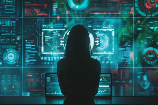 person silhouette monitoring network activity cybersecurity interfaces or command center blue neon colors, vigilance required to defend against cyber threats