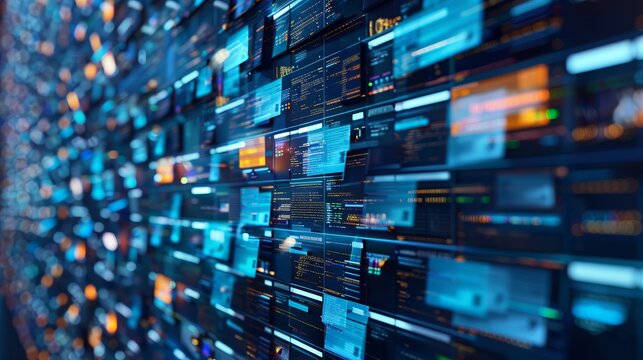 A highly detailed and vibrant digital wall overflowing with multiple screens showcasing various data, representing technology and the information age.