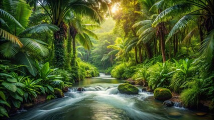 Atmospheric jungle photograph featuring a running stream amidst lush tropical plants, Nature, jungle, atmospheric