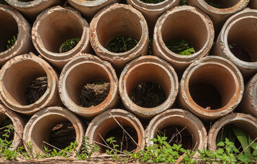Cement drainage pipes stacked on top of each other