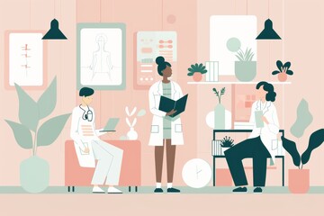 nutritionist collaborating with other healthcare professionals, doctors, fitness trainers, minimalist healthcare settings, multidisciplinary approach to health and wellness by nutrition experts