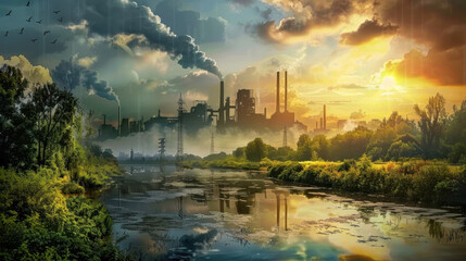 Industrial factory with smokestacks at sunset near river in lush green landscape and stormy skies