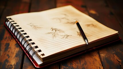 A notebook with lined pages on a rustic wooden surface. 