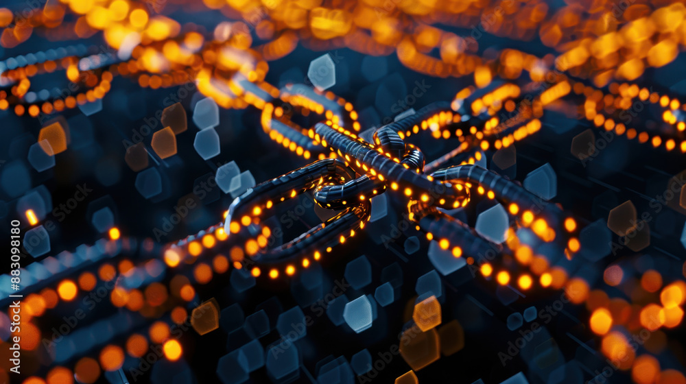 Poster close-up of glowing interconnected chains with bokeh effect