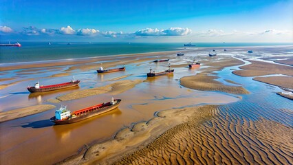 Aerial view of sea at low tide with tankers in background, aerial, view, sea, low tide, tankers, ships, ocean, water