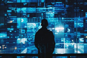 silhouette of man and blue neon data screen, cybersecurity tools and protocols, minimalist digital environments or security operation centers, showcasing the importance of safeguarding digital assets