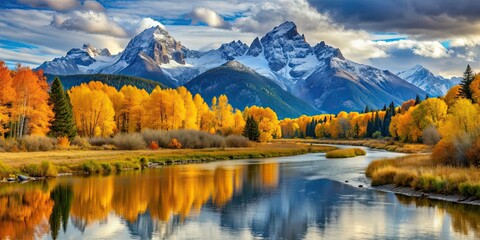 Fototapeta premium Autumn scene with snow-capped mountains and golden trees by a river, Autumn, scene, snow-capped, mountains, golden, trees